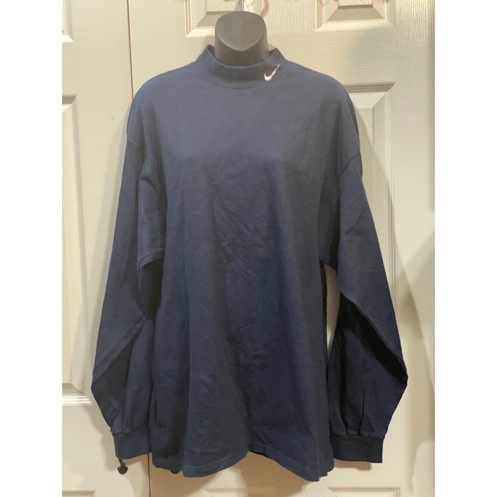 Nike Long Sleeve Mock Neck Top Navy Blue Gold Logo Womens Size Large‎ - Picture 2 of 5